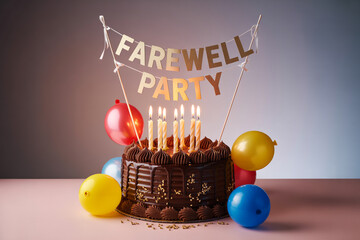 Celebrate a fond farewell with a delicious chocolate cake adorned with lit candles and festive balloons, perfect for sending off a colleague or friend with joy and sweet memories.