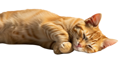Ginger cat sleeping peacefully on a white background.
