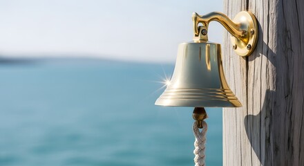 A gleaming brass ship bell securely mounted on a weathered wooden mount with the serene ocean in the background, a nautical tradition concept.