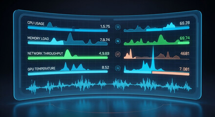 Futuristic computer screen displaying real-time system performance metrics