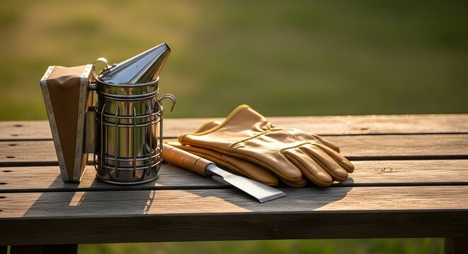 Authentic beekeepers tools including a smoker, hive tool, and gloves resting on a rustic wooden bench, embodying a sustainable nature concept