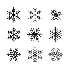Minimal geometric snowflake silhouette icon set in flat vector style on white background