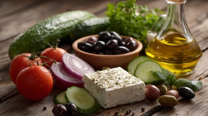 Close-up of a rustic wooden surface with assorted fresh ingredients tomatoes, cucumbers, onions, olives, and cheese. A bottle of olive oil stands