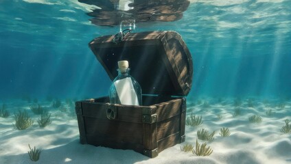Message in a bottle inside an open treasure chest underwater on the sandy seabed.