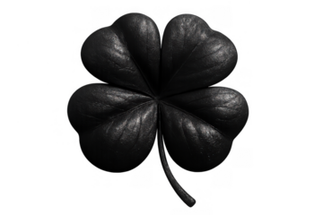 Black four-leaf clover symbolizing luck and mystery on a transparent background, finding fortune and success