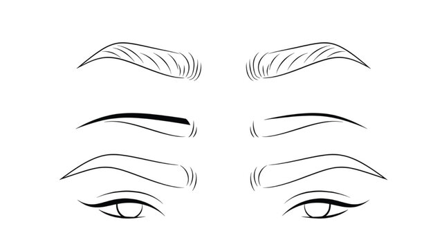 Stylized eyebrow line art set with different brow shapes (arched, straight, curved), minimalist beauty design, black single line aesthetic 