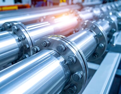 Close-up of metallic pipes connected with bolted flanges, factory setting
