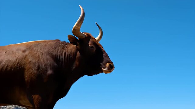 Majestic Ankole Watusi Bull Standing Against a Clear Blue Sky.