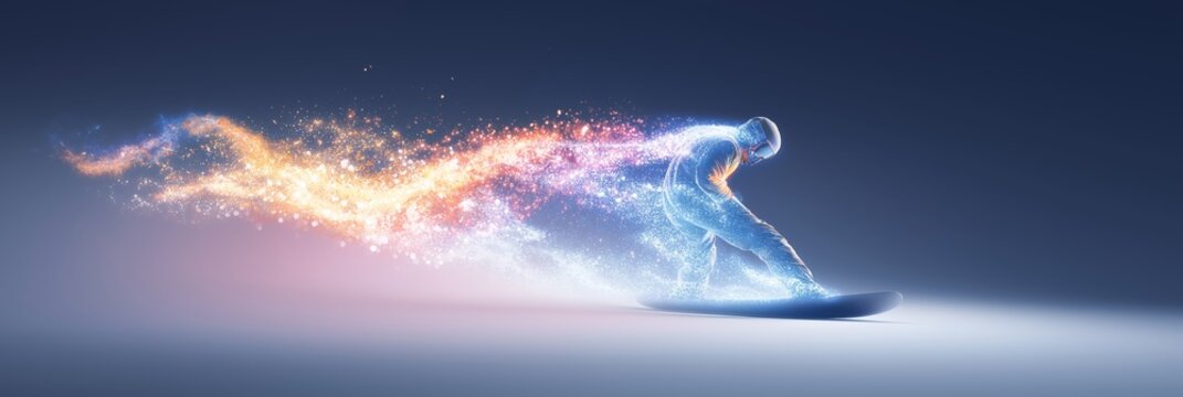 snowboarding banner. snowboarding dynamic wallpaper with colorful light trails on a dark background