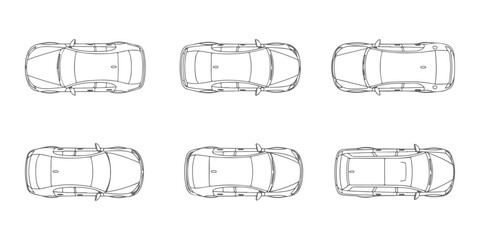 CAD Drawings. Top down plan view only of passenger cars, including sedan, hatchback, SUV, coupe, and station wagon isolated on white background. Vector illustration. © MkJutt