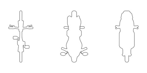 CAD Drawings. Top down view of two wheel transport outline, including bicycle, motorcycle, and scooter isolated on white background. Vector illustration. © MkJutt