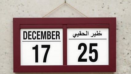 Obraz premium Simple day planner frame on a plain background highlighting December 17th and corresponding Arabic date.