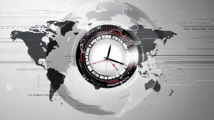 Moving clock overlays digital interface featuring a world map with time zones and data visualization elements, moving clock over digital interface with world map on grey background - Powered by Adobe