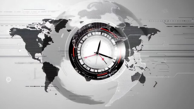Moving clock overlays digital interface featuring a world map with time zones and data visualization elements, moving clock over digital interface with world map on grey background