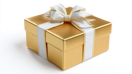 Obraz premium Luxury Gold Gift Box with White Ribbon on Clean Background