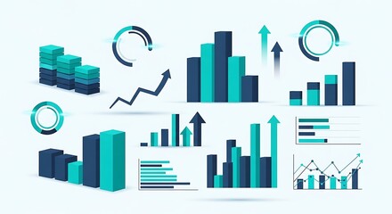 Collection of various infographic elements and charts representing financial growth and data analysis, isolated on a light background