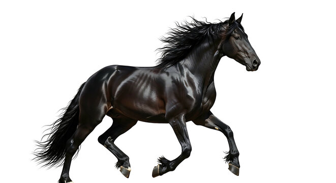 Majestic black horse galloping gracefully across a pristine white background.