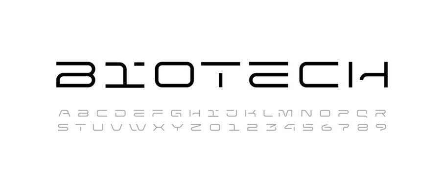 Technical font, digital wide alphabet, cyber letters from A to Z and numbers from 0 to 9 for you logo designs, vector illustration 10EPS