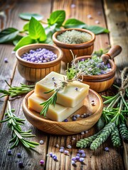 Wooden bowl with three bars of soap and some herbs