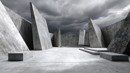 Abstract Geometric Stone Structure Under Dramatic Cloudy Sky with Harsh Lighting