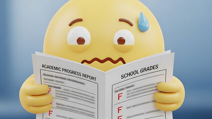Stressed cartoon emoji character reading bad school grades report card with sad face expression in classroom setting