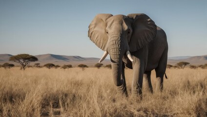 Majestic African Elephant Stands Proudly in the Savanna Grassland Under Clear Skies.