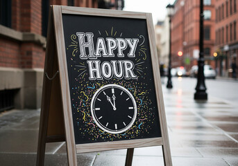 Happy Hour sidewalk chalkboard A-frame sign with clock drawing promotion - Bar & Cold Drinks