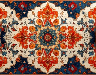 オレンジとブルーのオリエンタル絨毯模様｜クラシックな装飾背景Oriental Carpet Pattern in Orange and Blue | Classic Decorative Background