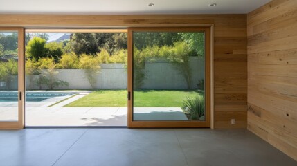 Obraz premium Modern minimalist living room with floor to ceiling glass doors showcasing a landscaped backyard, lush greenery,