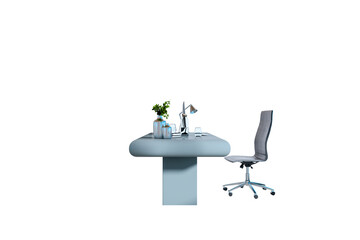 Minimalist office desk with chair, lamp, notebooks, and green plant decor in clean layout, isolated on transparent background. 3D Rendering