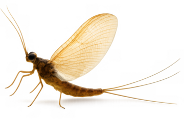 Mayfly insect with delicate wings and long tails flying upwards, representing ephemeral life and spring nature