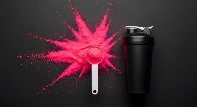 Neon Pink Pre-Workout Powder Explosion with Scoop and Black Shaker Bottle on Dark Background