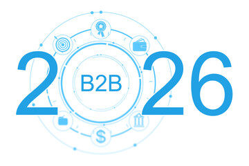 B2B 2026 futuristic technology icon with modern blue symbols and business elements in a clean circular layout on white transparent background. 3D Rendering