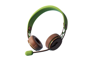 Modern green and brown headphones with microphone shown in closeup on clean white background, isolated symbol for call center or tech communication. 3D Rendering