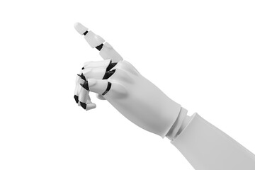 Robotic hand with extended finger in futuristic style, isolated on white background. Concept of automation, AI, and digital interaction. 3D Rendering