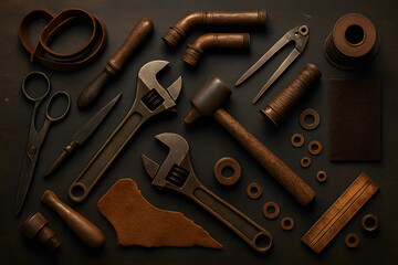 workshop tools and leather supplies scene