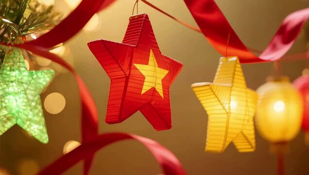 Starshaped paper lanterns with red ribbons