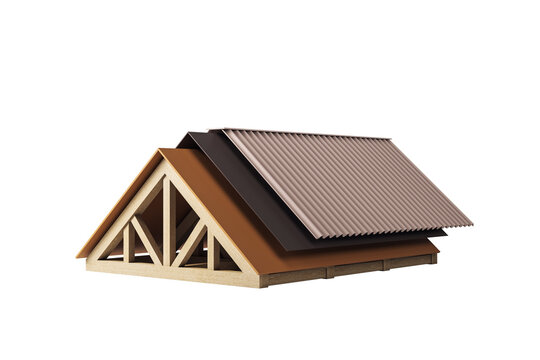 Layered roof construction with wooden trusses and multiple roofing sheets, clean layout style, isolated on white background. 3D Rendering