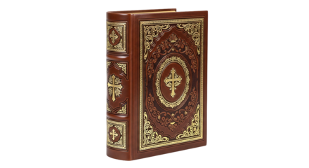 Ornate Leather Bound Book with Gold Detailing and Crosses.