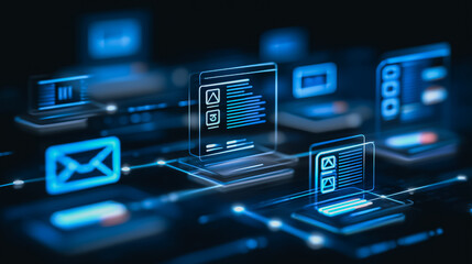 Technological Landscape: An abstract representation of interconnected computing devices, illuminated with a cool blue hue, suggesting a network's complex and integrated structure.