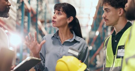 Safety inspection, tablet and supply chain employees in warehouse for industrial training. Digital technology, people and logistics workers with manager for helmet compliance review in factory. - Powered by Adobe