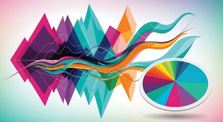 Abstract colorful sound wave and spectrum visualization with geometric shapes and color wheel