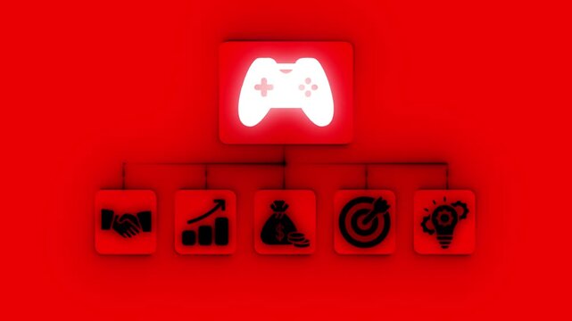 Gaming business strategy flowchart with controller icon at the top and icons for handshake growth money target and idea on red background