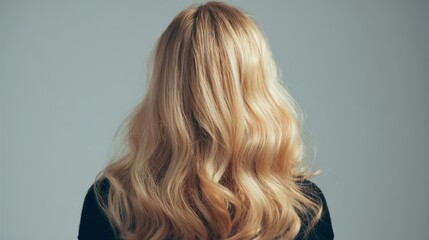 Naklejka premium Blonde woman with long wavy hair styled in soft, flowing waves, highlighting healthy, shiny, and well-groomed hair in a natural light settinghair care