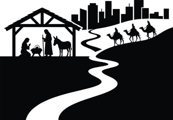 Black and white nativity scene silhouette with wise men on camels approaching city vector illustration