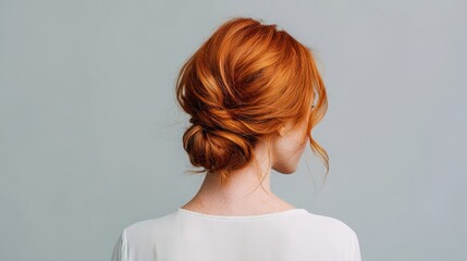 Woman seen from behind with elegant red hair in a low bun, simple white top and plain light gray background