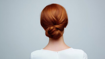 Obraz premium Woman seen from behind with elegant red hair in a low bun, simple white top and plain light gray background