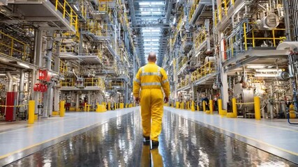 Industrial Journey: A worker in protective gear navigates the heart of an industrial plant, showcasing the scale of the facility, and the intricacies of industry. - Powered by Adobe