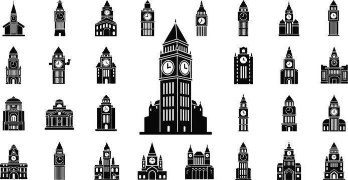 Conceptual Clock Tower and City Landmark New Year Silhouette Icon Set
