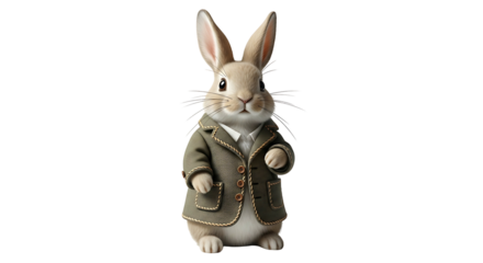 Rabbit in a jacket standing upright looking forward.